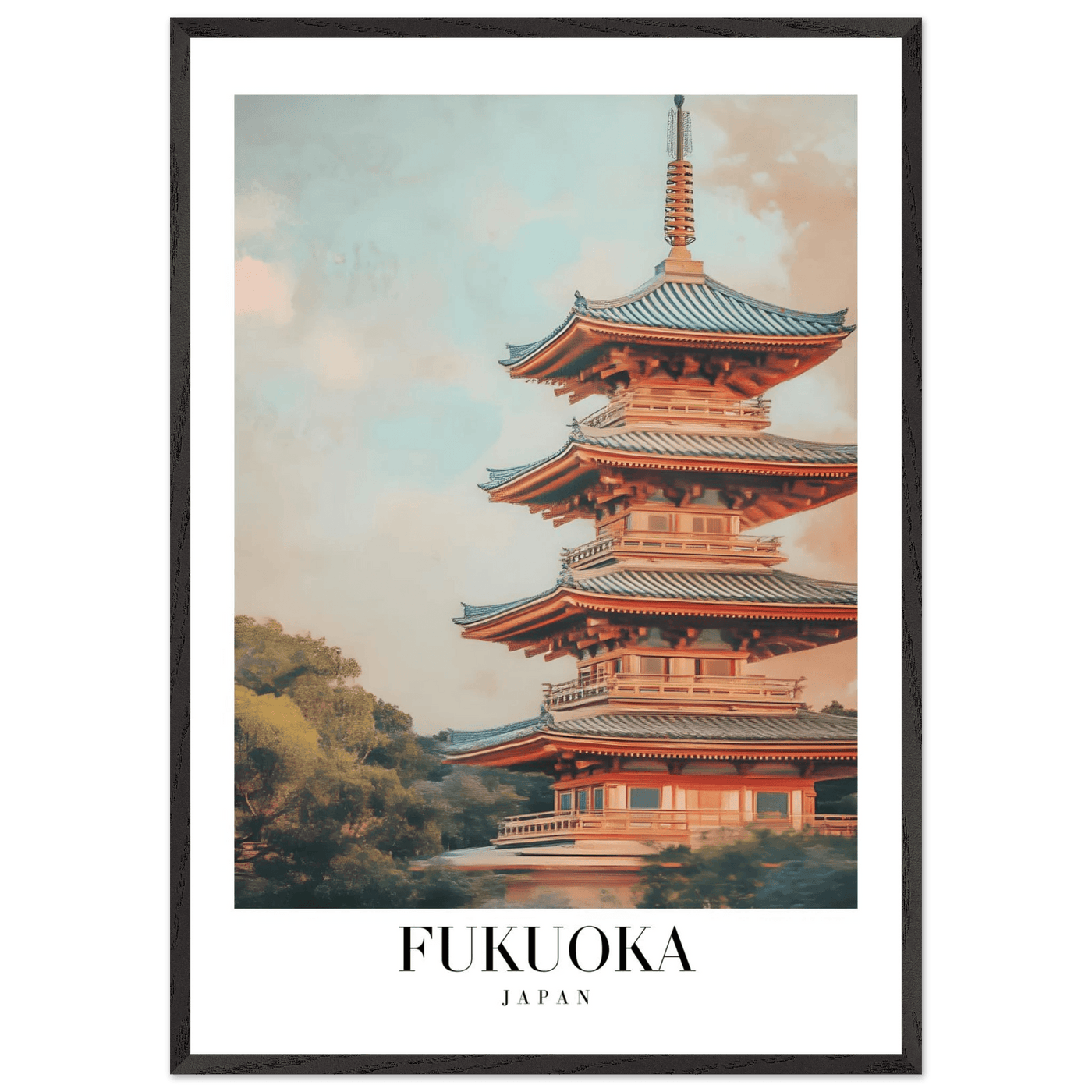 Fukuoka Japan Vintage Pagoda Framed Poster – Serene Travel Wall Art with Wooden Frame - Vibrantwalls