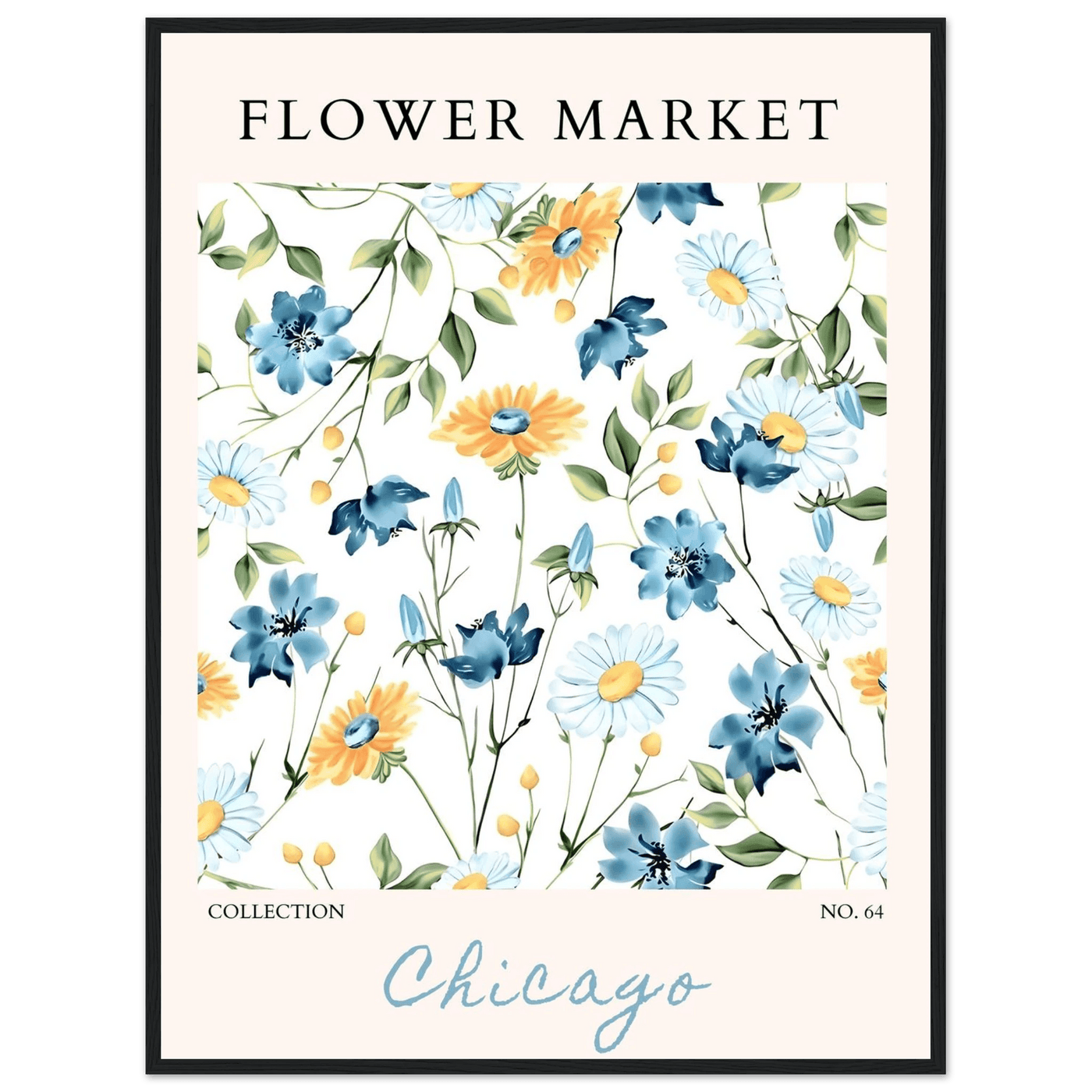 Flower Market Chicago Collection Framed Poster – Whimsical Blue & Yellow Floral Art Print | Ready-to-Hang - Vibrantwalls