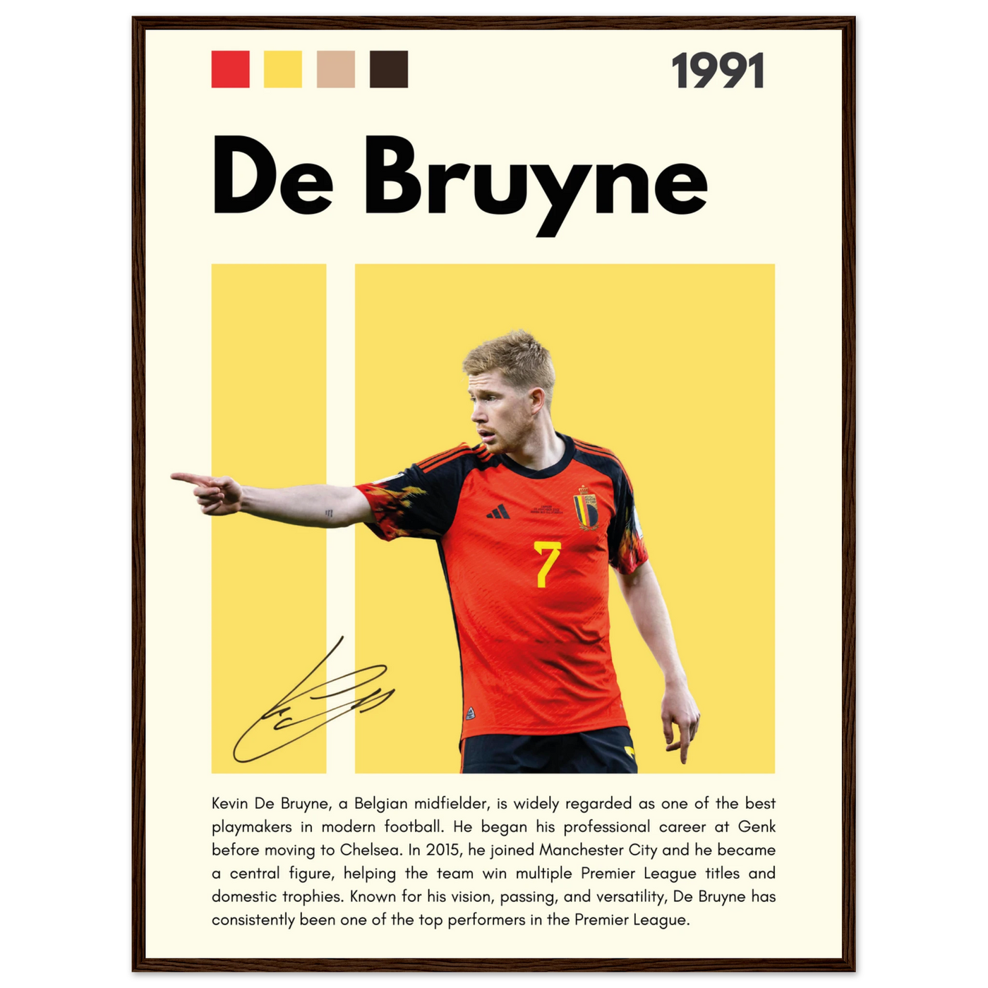 Kevin De Bruyne Football Legend Framed Poster – Vibrant Pop Art Print for Modern Fans 60x80 cm 24x32″ Dark wood frame Vibrantwalls