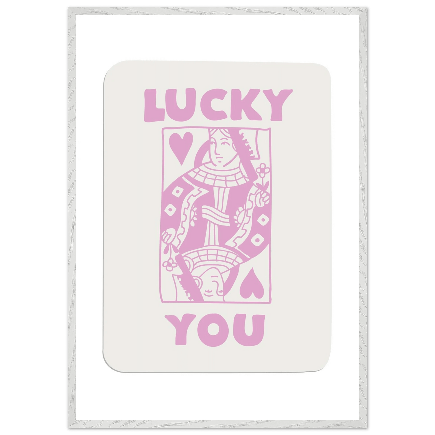 Lucky You Poker Card Art Print - Queen of Hearts Framed Poster, Pink & Cream Aesthetic Decor - Vibrantwalls