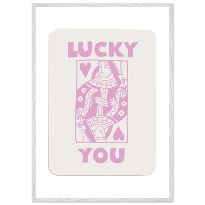 Lucky You Poker Card Art Print - Queen of Hearts Framed Poster, Pink & Cream Aesthetic Decor - Vibrantwalls