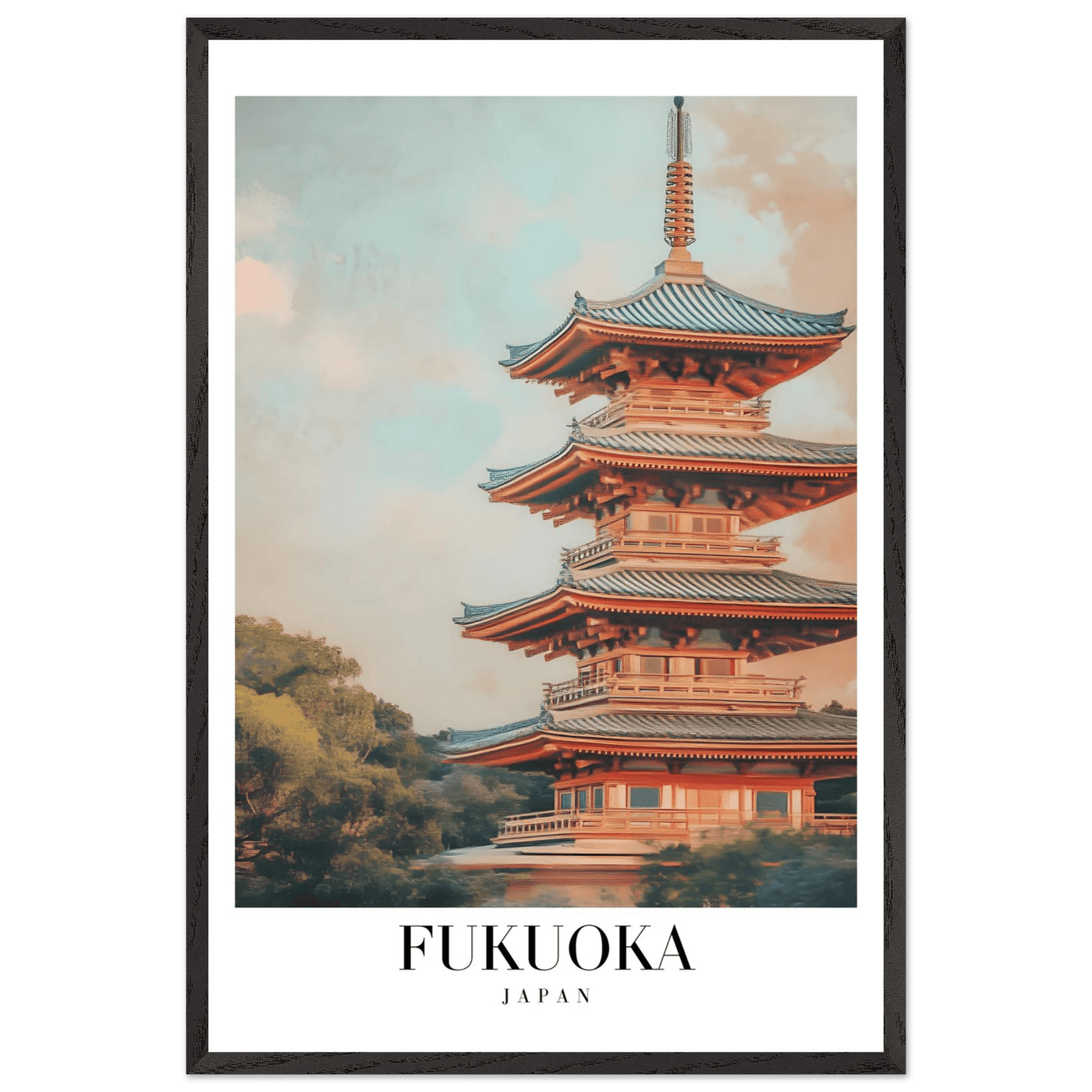 Fukuoka Japan Vintage Pagoda Framed Poster – Serene Travel Wall Art with Wooden Frame - Vibrantwalls