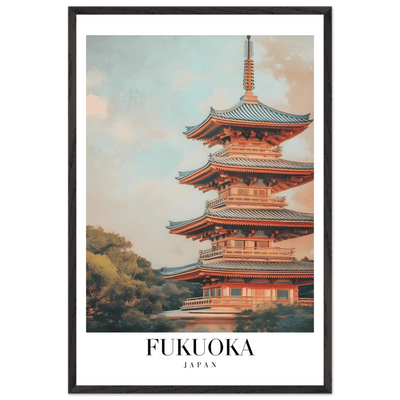 Fukuoka Japan Vintage Pagoda Framed Poster – Serene Travel Wall Art with Wooden Frame - Vibrantwalls