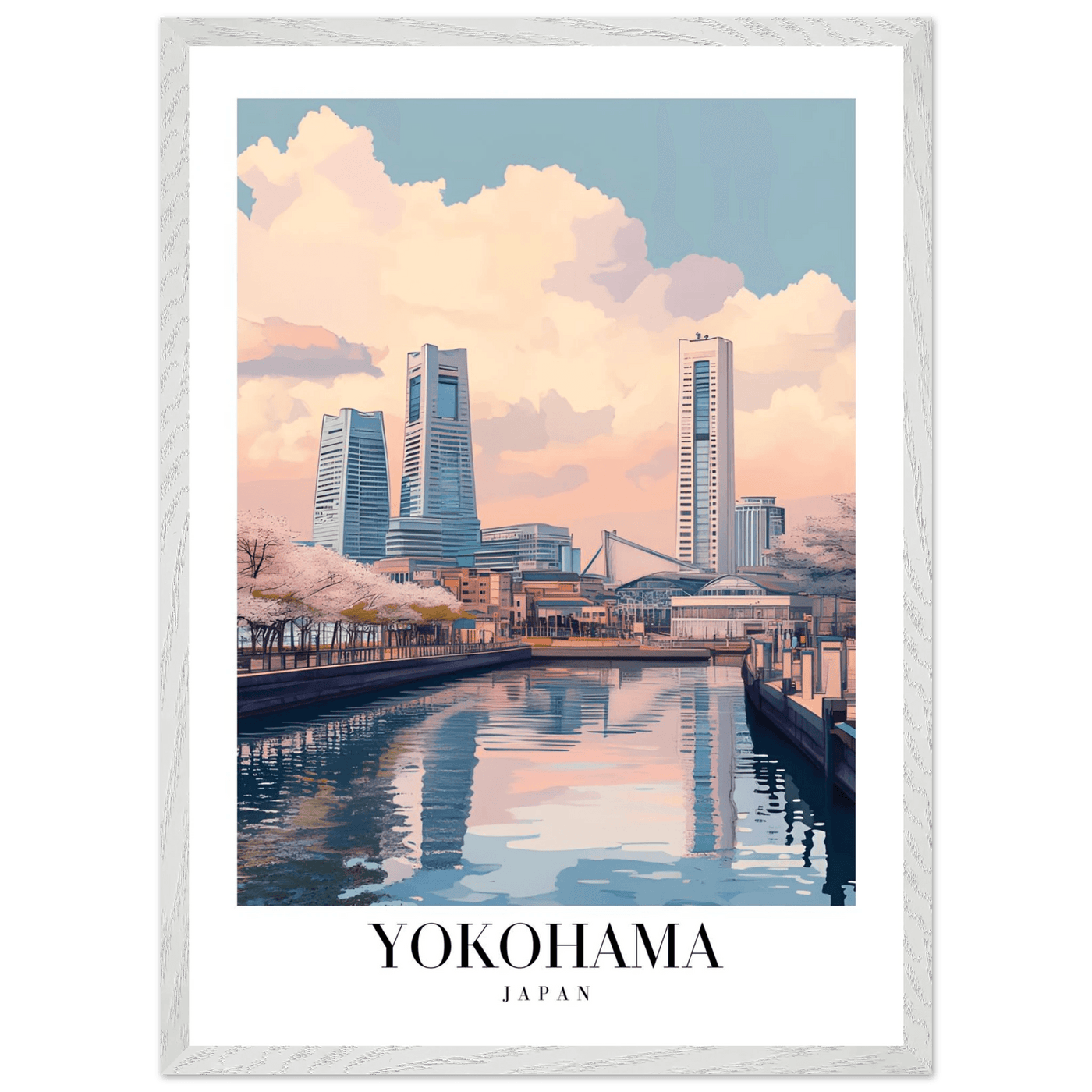 Yokohama Japan Framed Poster – Serene Pastel Cityscape Wall Art with Wooden Frame - Vibrantwalls