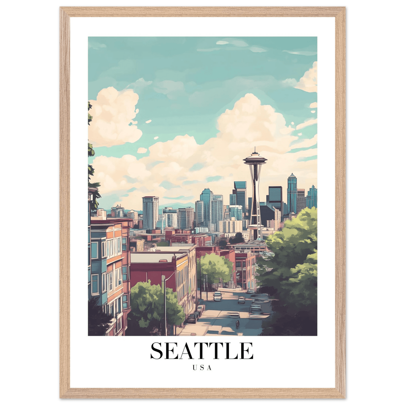 Seattle USA Framed Poster – Charming Watercolor Cityscape Wall Art with Wooden Frame - Vibrantwalls