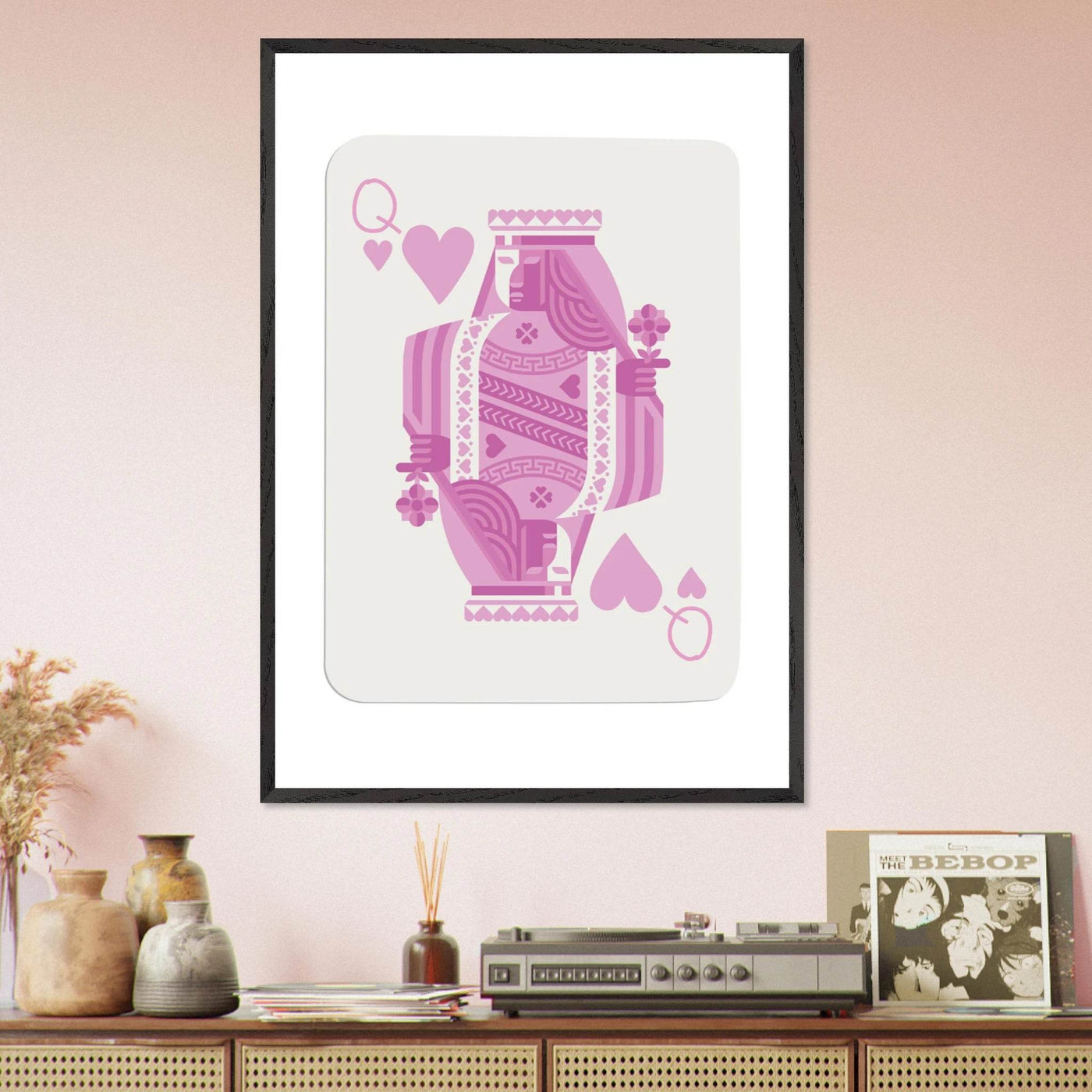 Queen of Hearts - Pink Poker Card Mounted Poster Art, Eco-Friendly Wood Frame & Shatterproof Plexiglass - Vibrantwalls