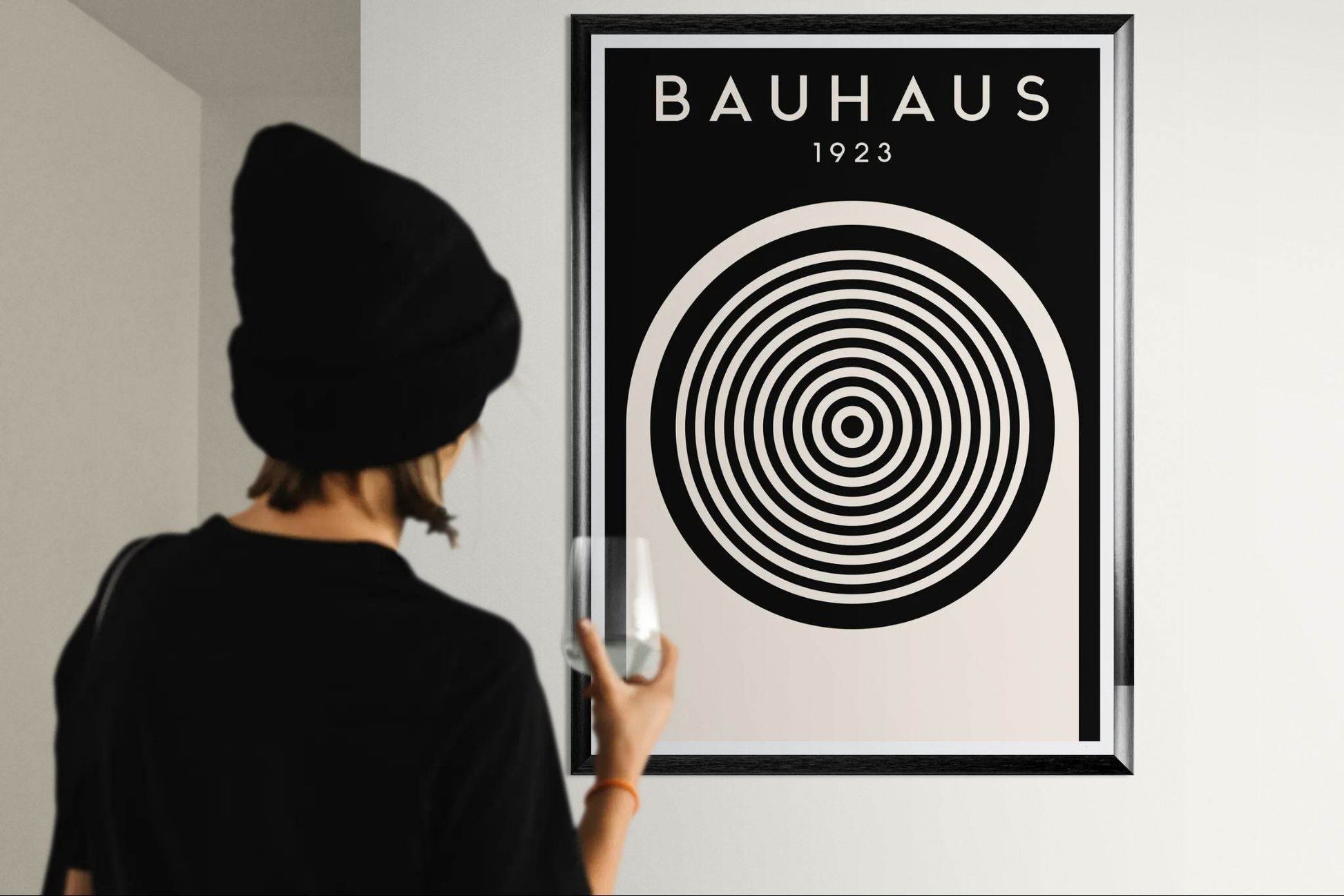 Bauhaus Black Cream Concentric Circle Movement Design Wall Art - Vibrantwalls