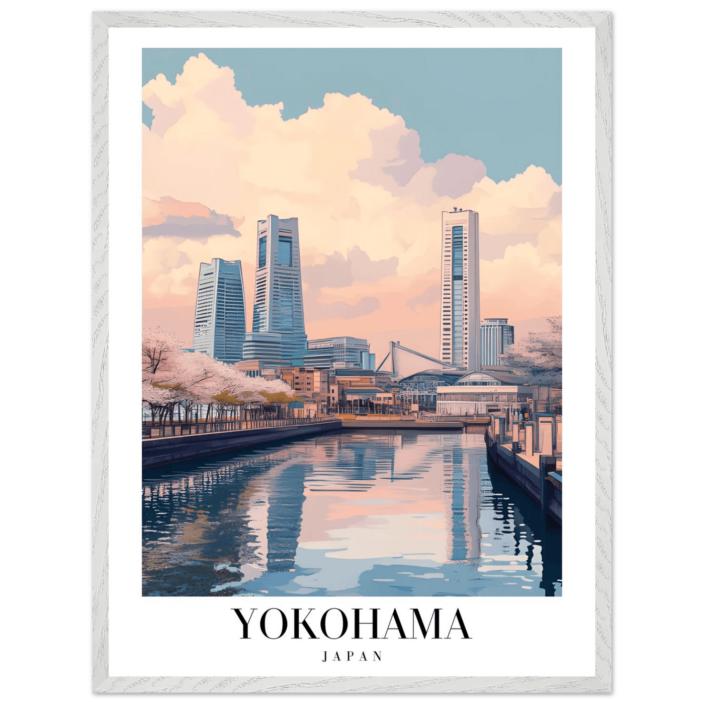 Yokohama Japan Framed Poster – Serene Pastel Cityscape Wall Art with Wooden Frame - Vibrantwalls