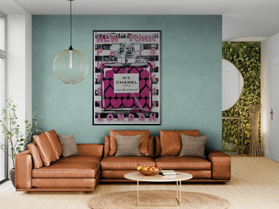 Chanel No. 5 Pink Hearts Pop Art Print in Premium Mounted Frame - Vibrantwalls