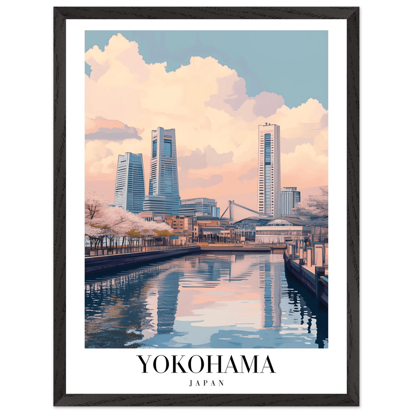 Yokohama Japan Framed Poster – Serene Pastel Cityscape Wall Art with Wooden Frame - Vibrantwalls