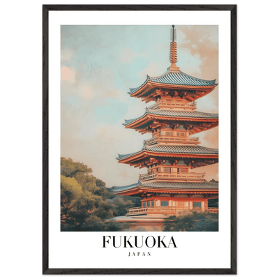 Fukuoka Japan Vintage Pagoda Framed Poster – Serene Travel Wall Art with Wooden Frame - Vibrantwalls