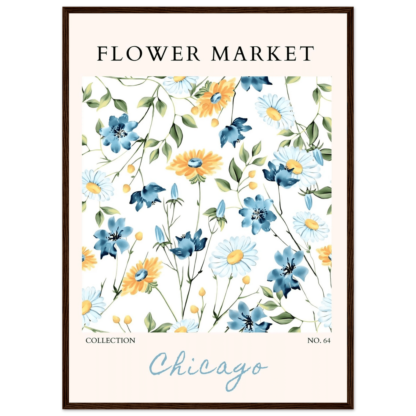 Flower Market Chicago Collection Framed Poster – Whimsical Blue & Yellow Floral Art Print | Ready-to-Hang - Vibrantwalls