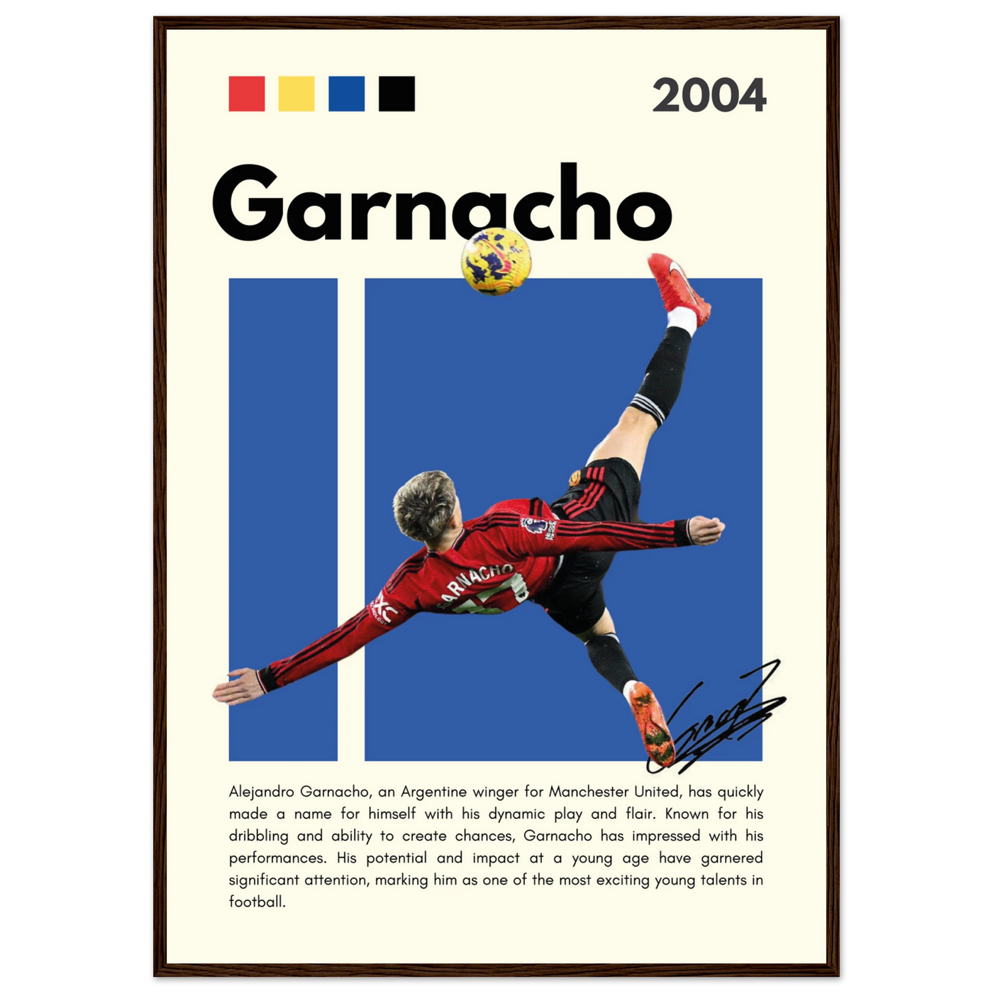 Alejandro Garnacho Manchester United Dynamic Football Poster A1 (59.4 x 84.1 cm) Dark wood frame Vibrantwalls