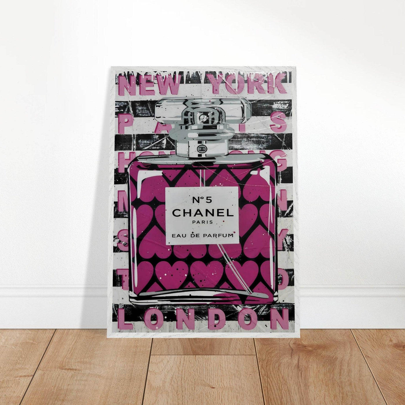 Chanel No. 5 Pink Hearts Pop Art Print in Premium Mounted Frame - Vibrantwalls