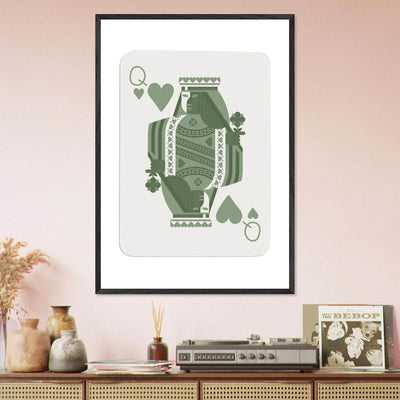 Queen of Spades Poker Card Print - Sage Green Wall Art - Mounted Framed Poster, Eco-Friendly Wood Frame - Vibrantwalls