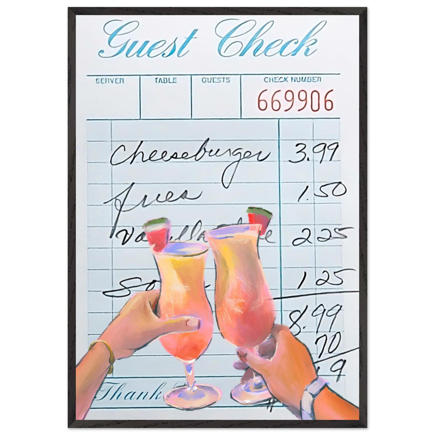 Retro Diner Cocktail "Guest Check" 70x100 cm 28x40″ Black frame Ready-to-hang Vibrantwalls