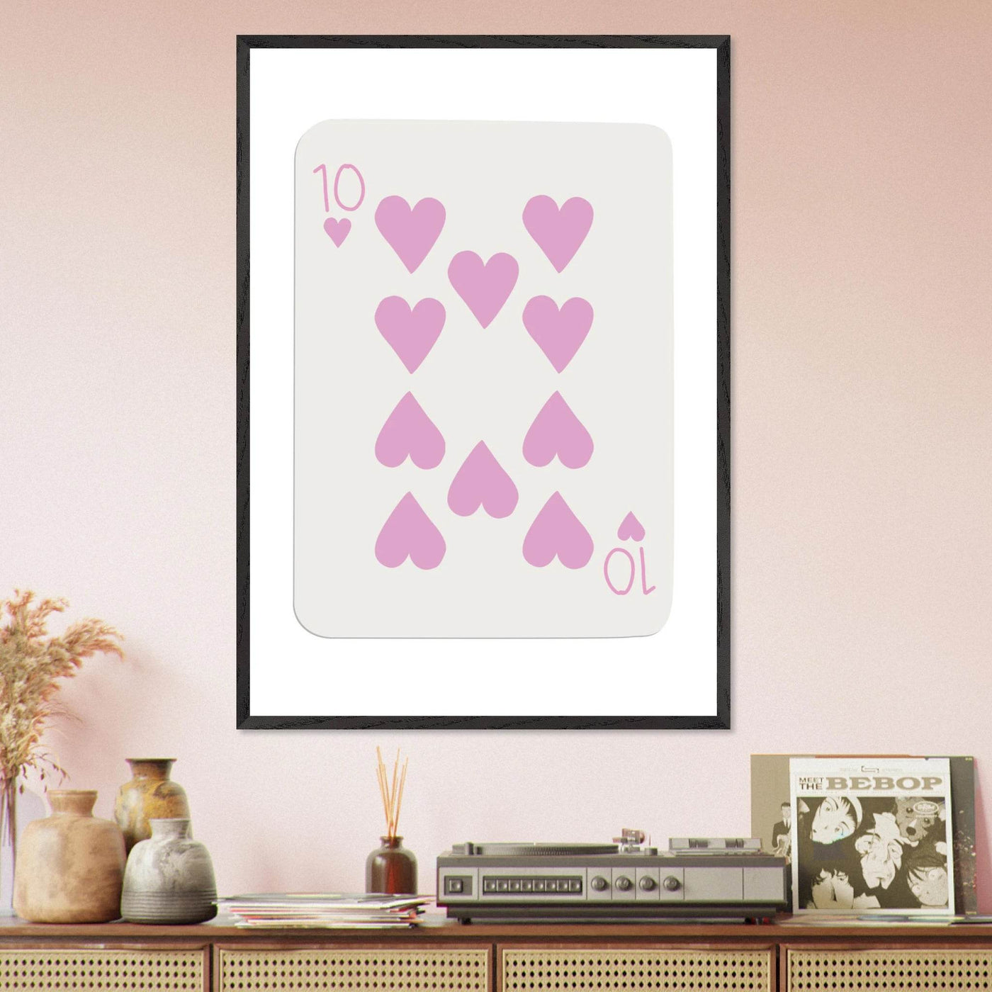 Ten of Hearts Poker Card Print - Soft Pink & Cream Mounted Framed Poster Art, Eco-Friendly Wood Frame - Vibrantwalls