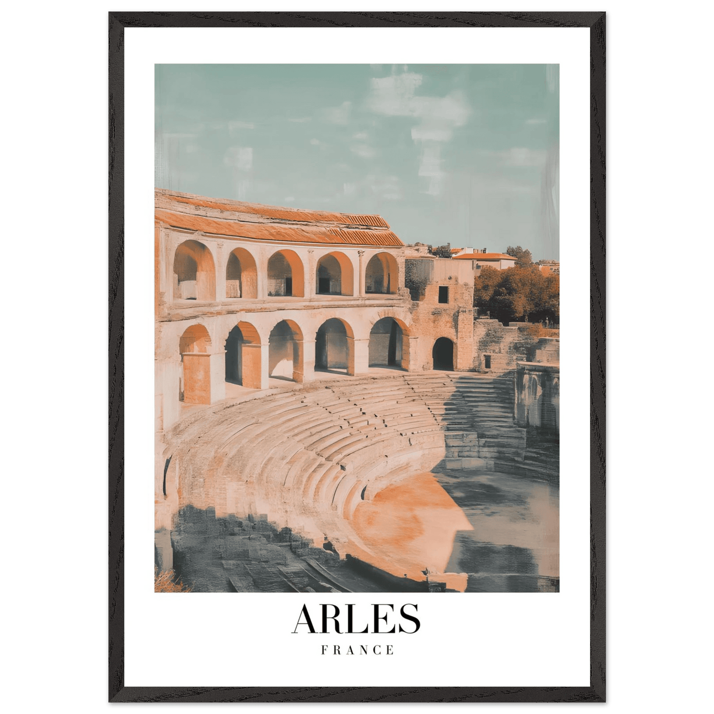 Arles France Amphitheater Framed Poster – Vintage Travel Wall Art with Wooden Frame and Serene Palette - Vibrantwalls