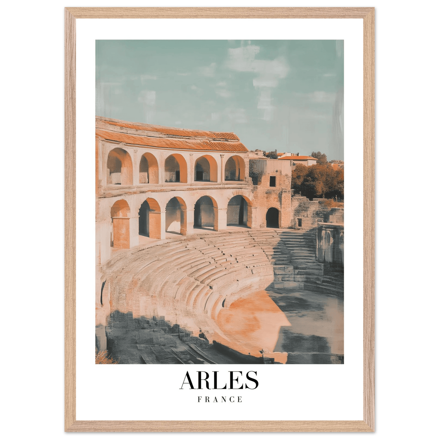 Arles France Amphitheater Framed Poster – Vintage Travel Wall Art with Wooden Frame and Serene Palette - Vibrantwalls