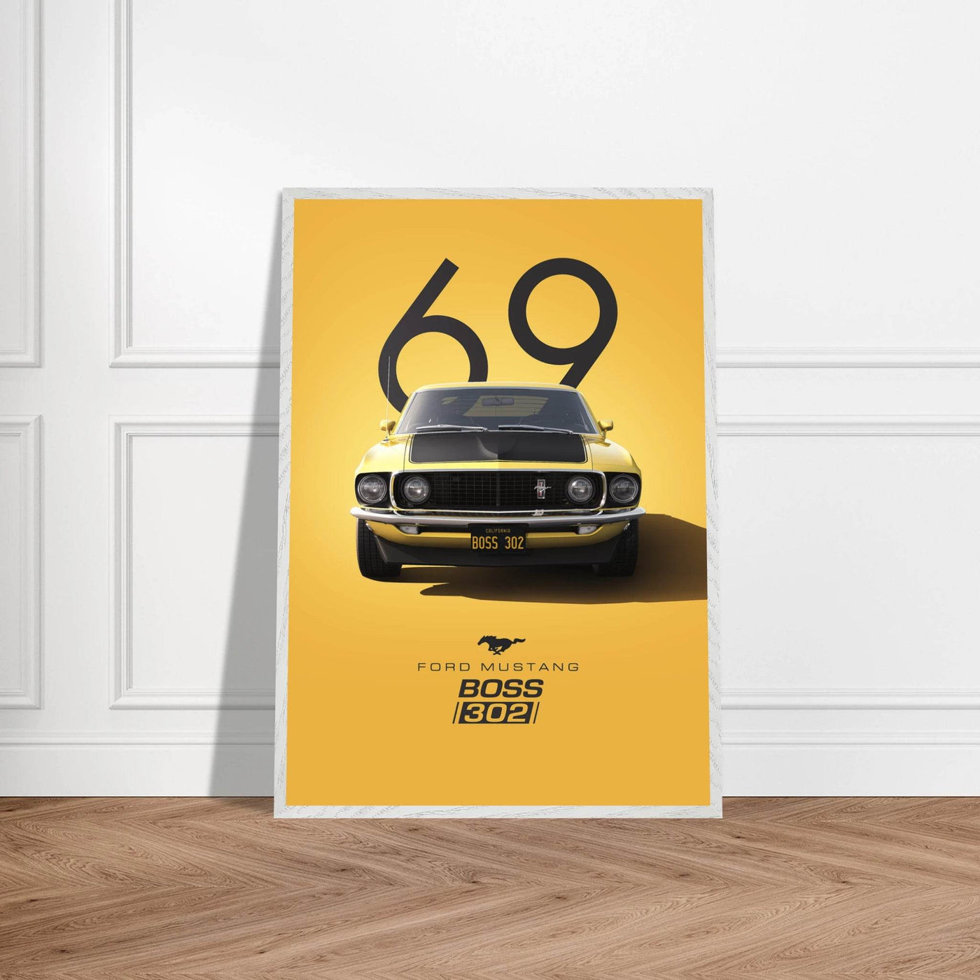 1969 Ford Mustang Boss 302 '69 - Iconic Yellow Framed Poster | Ready-to-Hang, Premium Art Print - Vibrantwalls