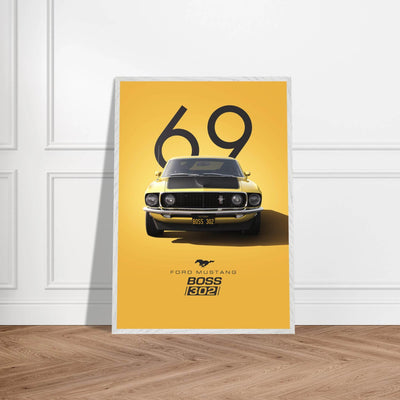 1969 Ford Mustang Boss 302 '69 - Iconic Yellow Framed Poster | Ready-to-Hang, Premium Art Print - Vibrantwalls