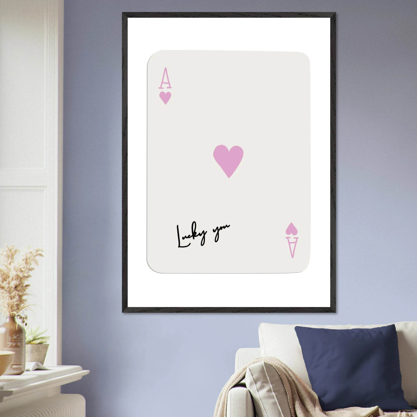 Lucky You Ace of Hearts Poker Card Print - Mounted Framed Wall Art, Eco-Friendly Wood Frame & Soft Pink Hues - Vibrantwalls