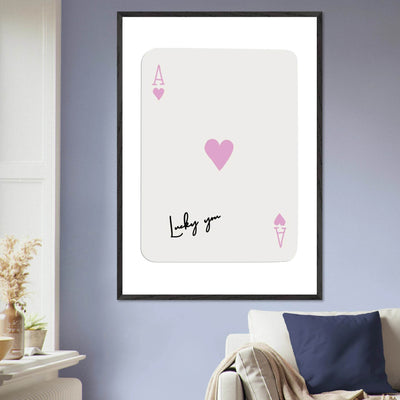 Lucky You Ace of Hearts Poker Card Print - Mounted Framed Wall Art, Eco-Friendly Wood Frame & Soft Pink Hues - Vibrantwalls