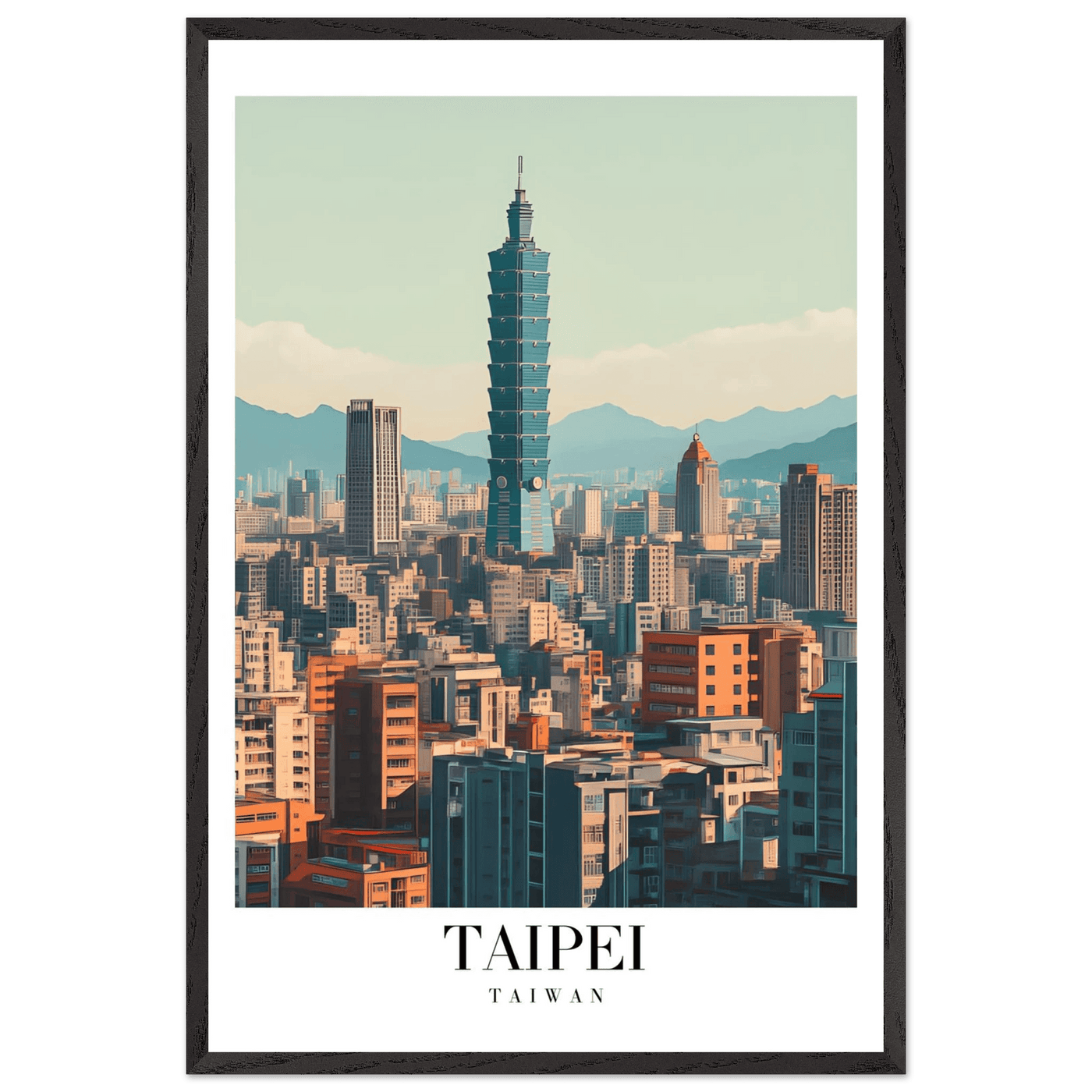 Taipei Taiwan Cityscape Framed Poster – Modern Retro Travel Art with Wooden Frame Options - Vibrantwalls