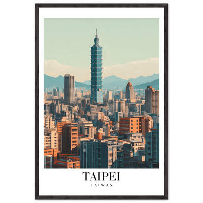 Taipei Taiwan Cityscape Framed Poster – Modern Retro Travel Art with Wooden Frame Options - Vibrantwalls
