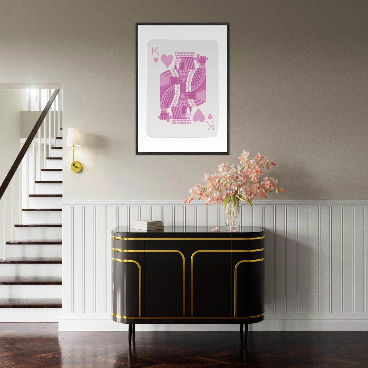 King of Hearts Modern Pink Poker Card Art - Mounted Framed Poster, Eco-Friendly Wood Frame - Vibrantwalls
