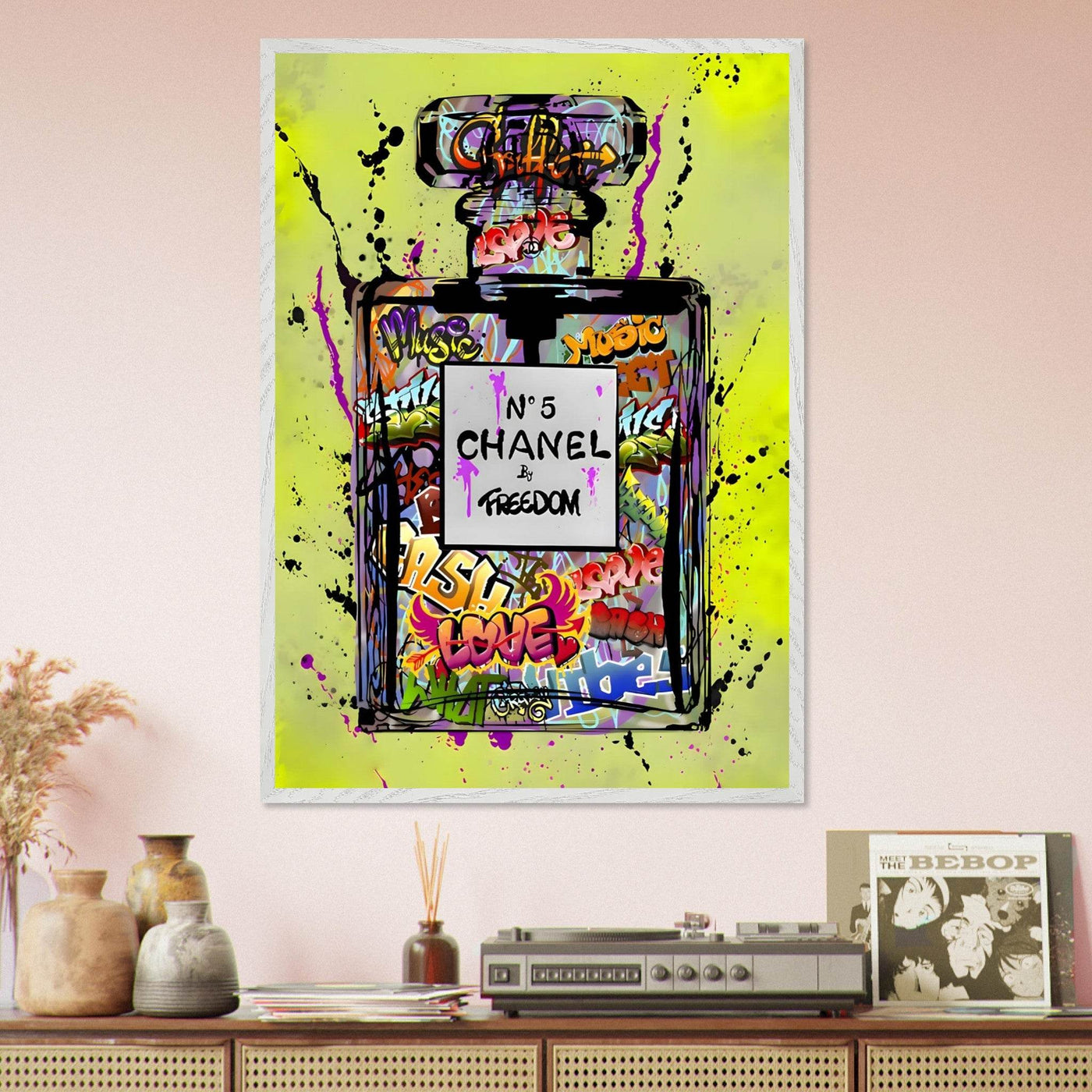Coco Chanel No. 5 Graffiti Art Print - Vibrant Street Style Perfume Bottle Framed Wall Art - Vibrantwalls