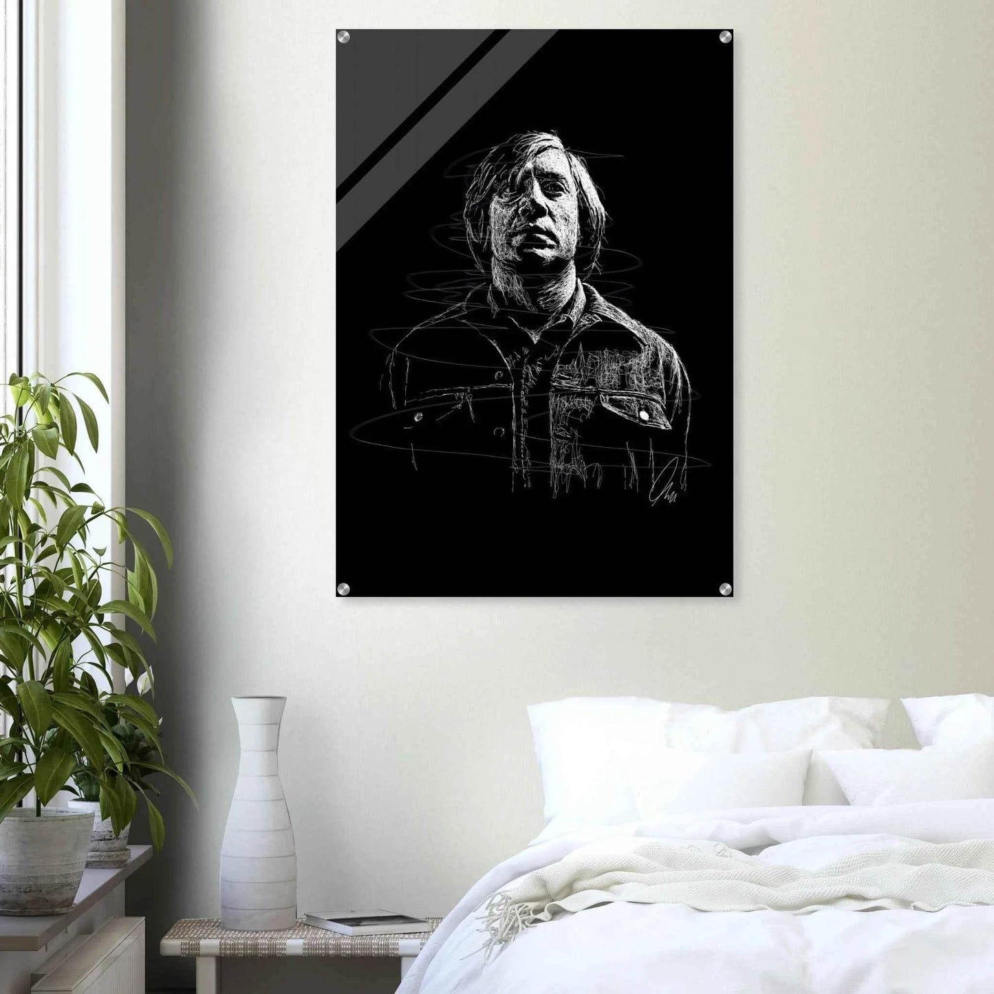 Javier Bardem in No Country for Old Men – Iconic Scrawl Art Acrylic Print - Vibrantwalls