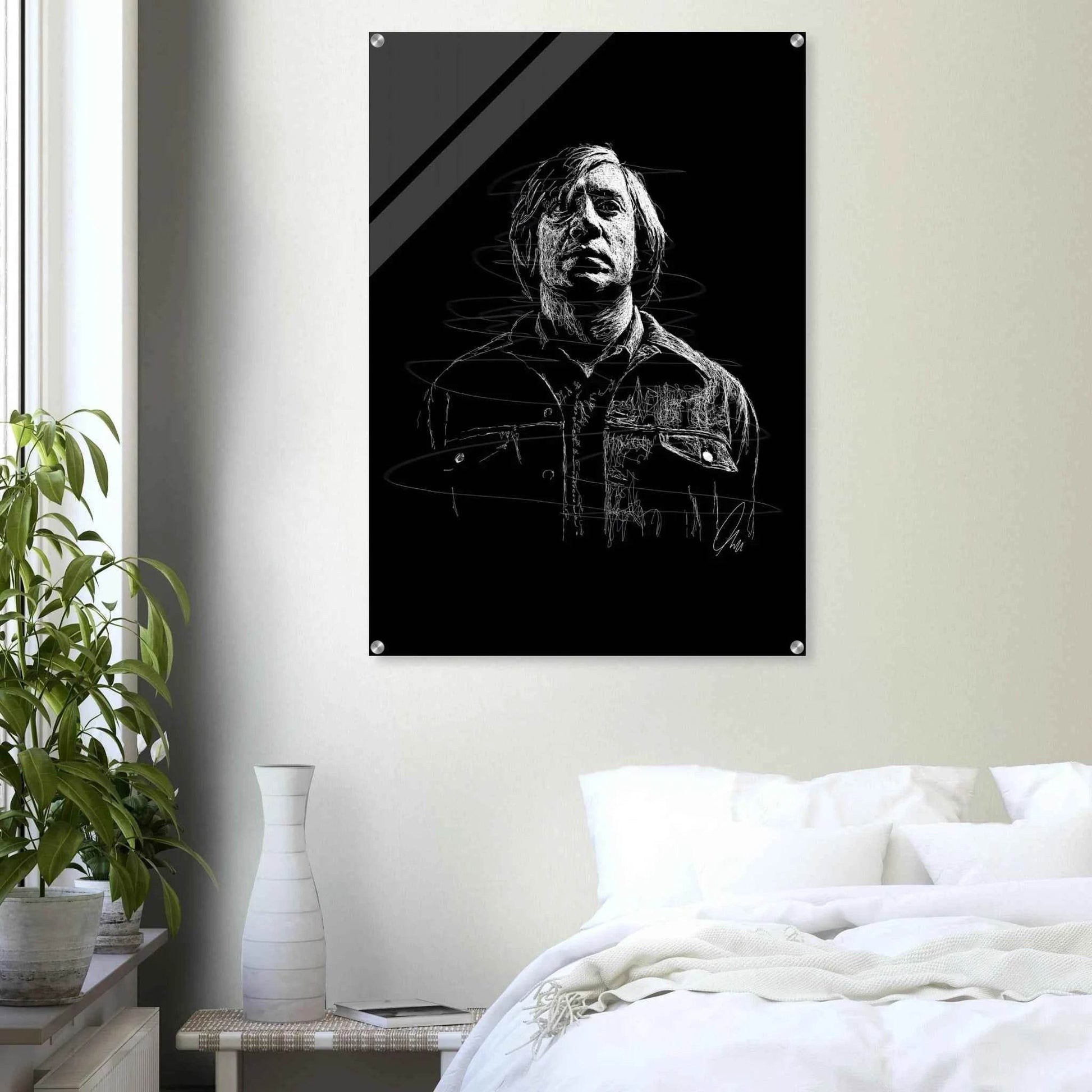 Javier Bardem in No Country for Old Men – Iconic Scrawl Art Acrylic Print - Vibrantwalls