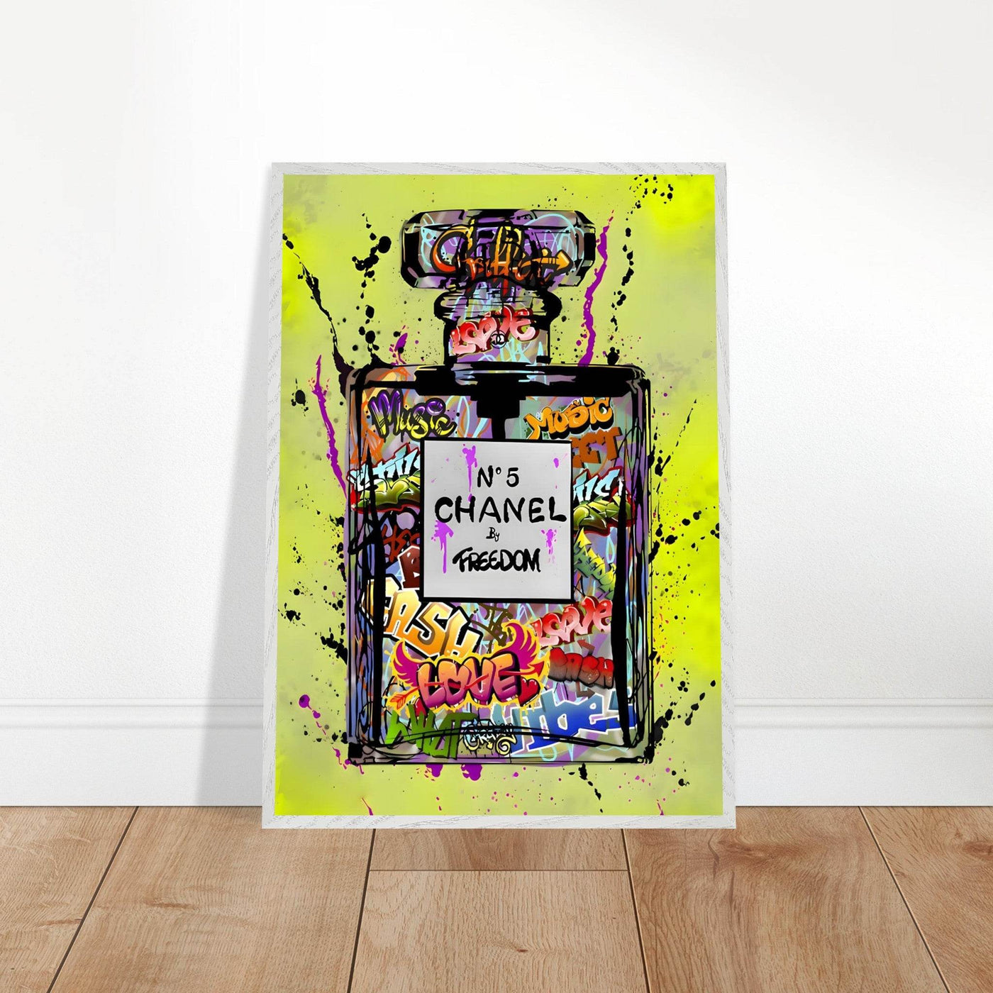 Coco Chanel No. 5 Graffiti Art Print - Vibrant Street Style Perfume Bottle Framed Wall Art - Vibrantwalls