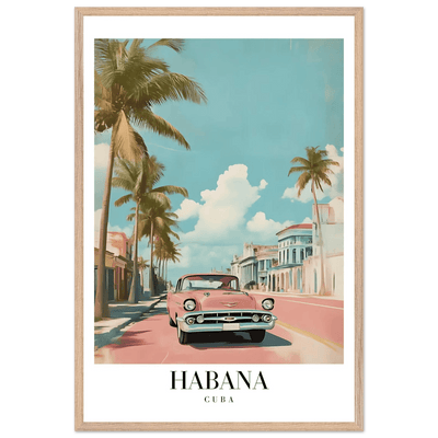 Habana Cuba Framed Poster – Vintage Pink Car Travel Art with Wooden Frame - Vibrantwalls