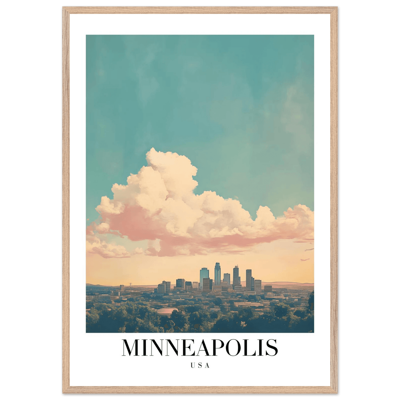 Minneapolis USA Framed Poster – Pastel Dream Sky Vintage Cityscape Art with Premium Wooden Frame - Vibrantwalls