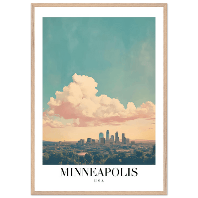 Minneapolis USA Framed Poster – Pastel Dream Sky Vintage Cityscape Art with Premium Wooden Frame - Vibrantwalls
