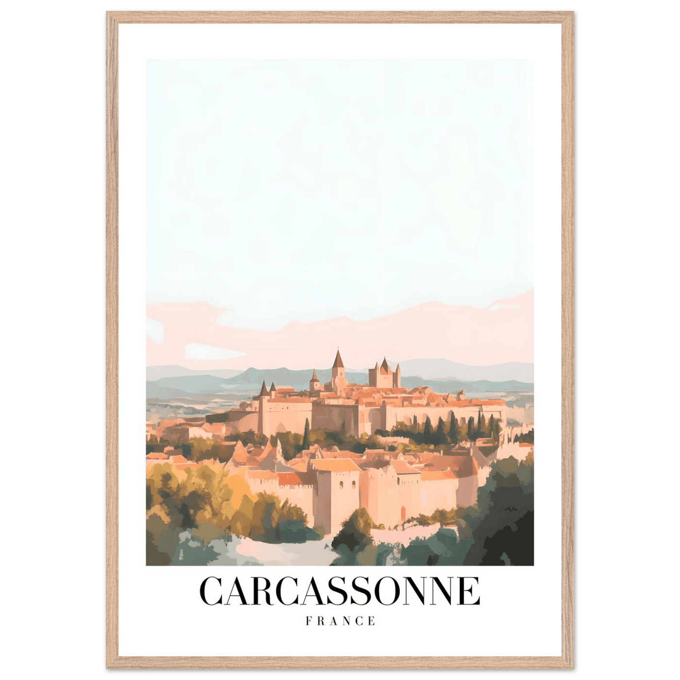 Carcassonne France Framed Poster – Vintage Travel Wall Art in Pastel Hues & Wooden Frame - Vibrantwalls