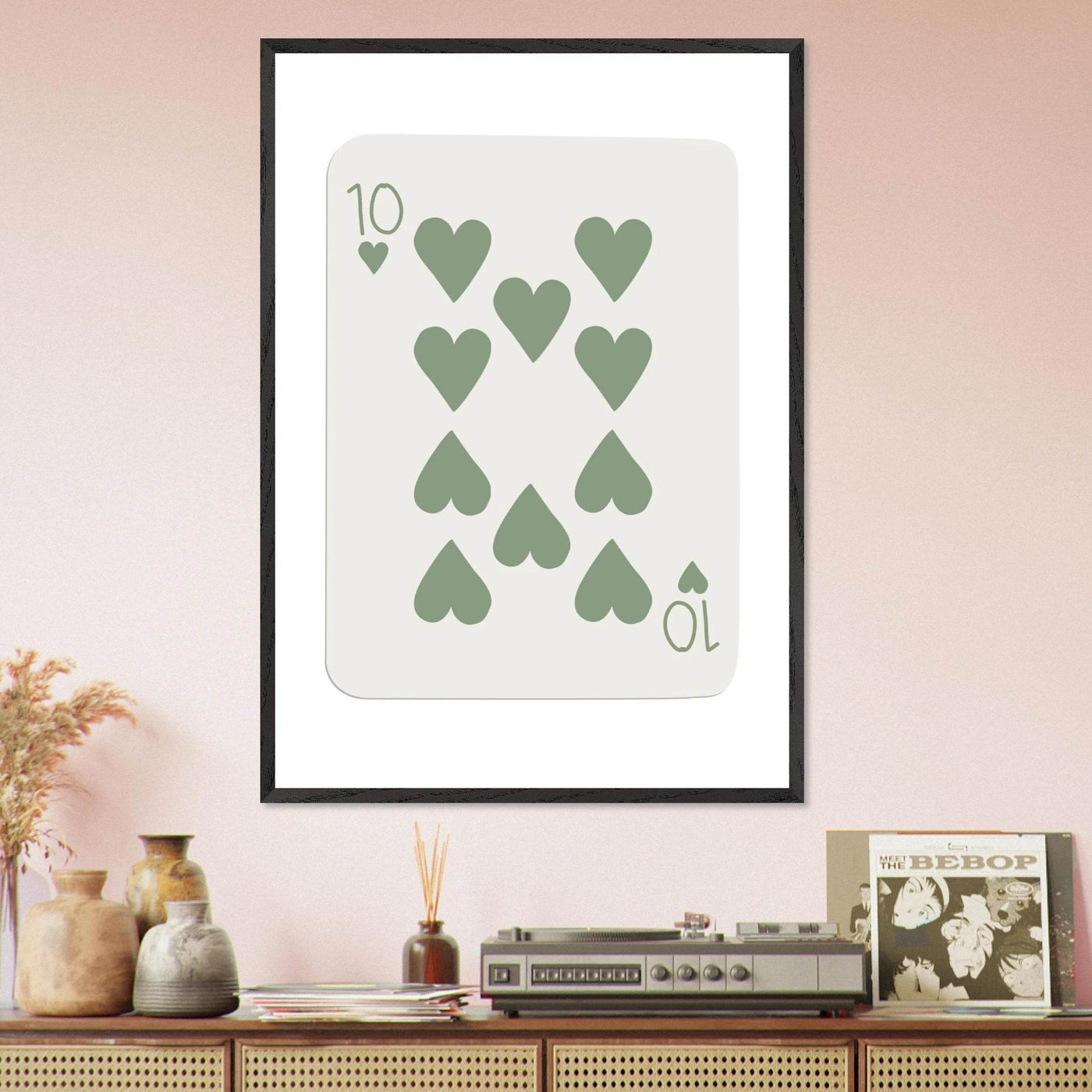 Minimalist Ten of Hearts Poker Card Print - Mounted & Framed Wall Art, Eco-Friendly Wood Frame in Your Choice of Finish - Vibrantwalls