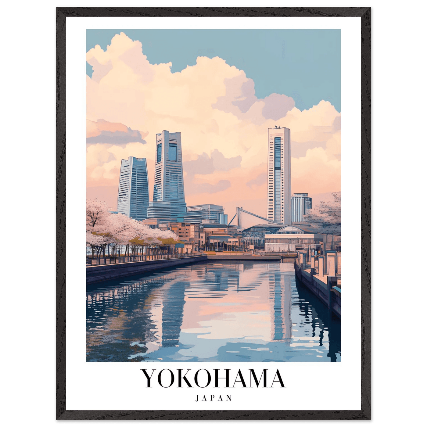 Yokohama Japan Framed Poster – Serene Pastel Cityscape Wall Art with Wooden Frame - Vibrantwalls