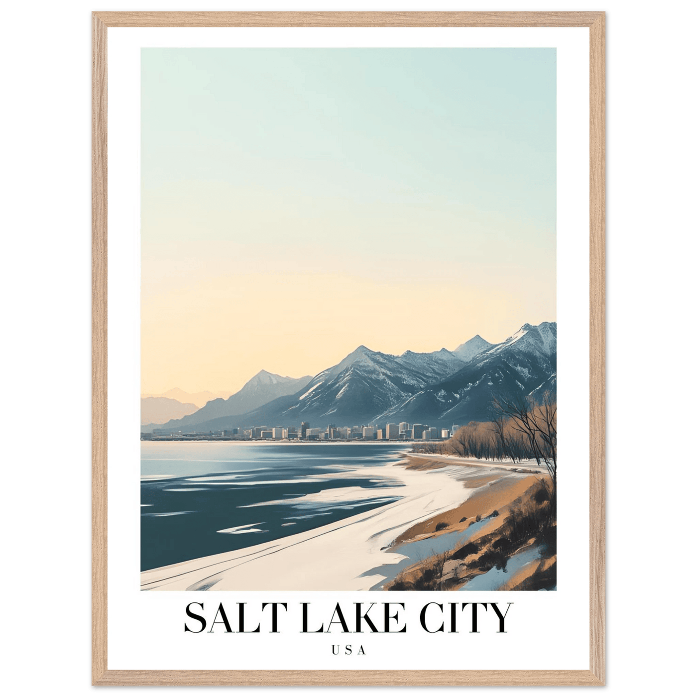 Salt Lake City Framed Poster – Modern Winter Landscape Art with Wood Frame - Vibrantwalls