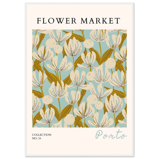 Flower Market Porto Abstract Floral Framed Poster | Calming Blue & Gold Botanical Art Print, Ready-to-Hang - Vibrantwalls