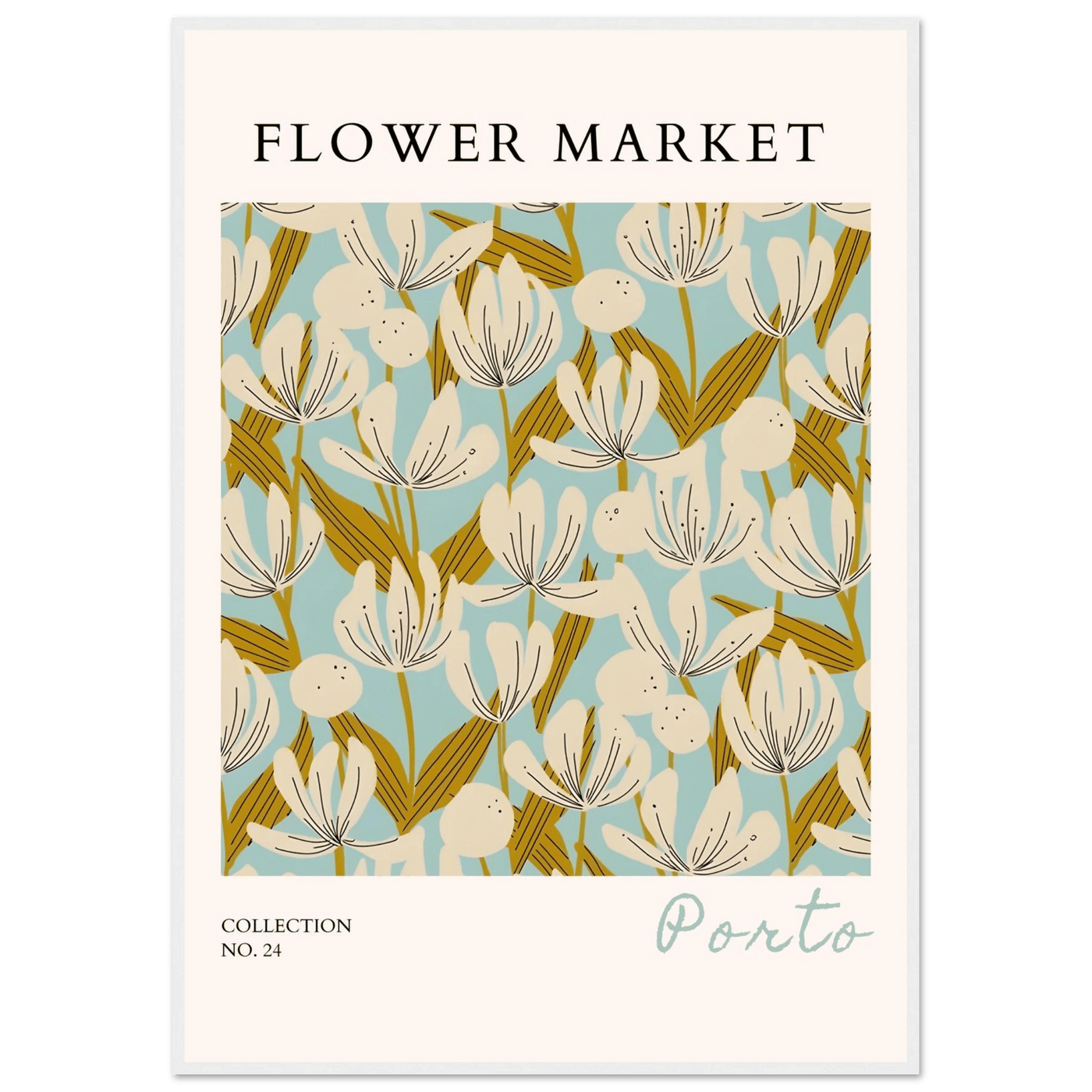 Flower Market Porto Abstract Floral Framed Poster | Calming Blue & Gold Botanical Art Print, Ready-to-Hang - Vibrantwalls