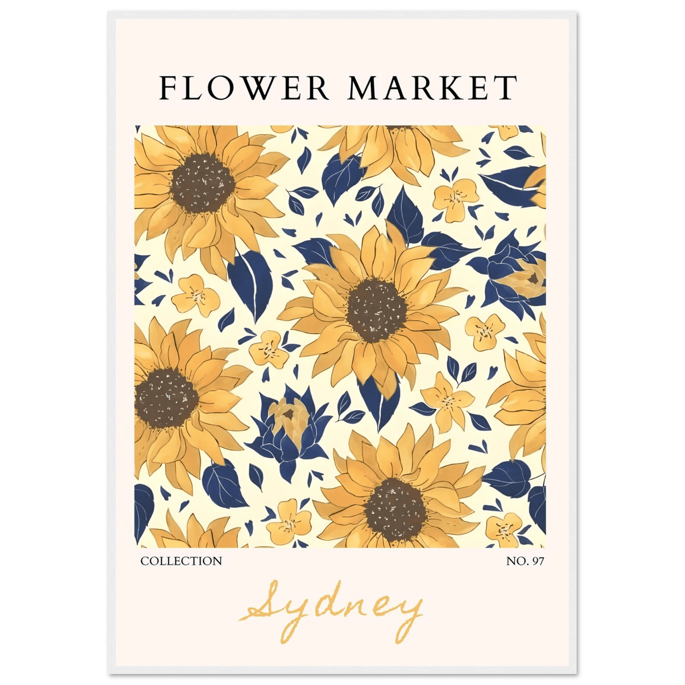 Vibrant Sunflower & Navy Floral Framed Poster – 'Flower Market Sydney' Collection | Ready-to-Hang Wall Art - Vibrantwalls