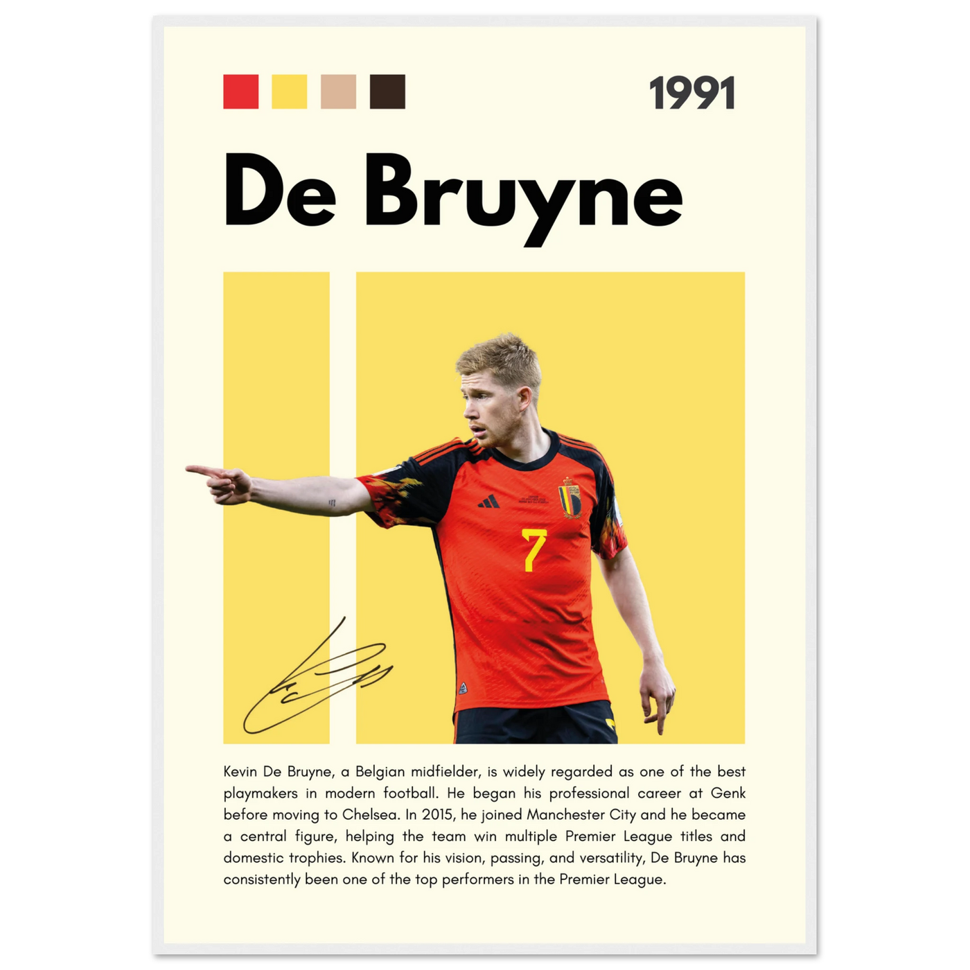 Kevin De Bruyne Football Legend Framed Poster – Vibrant Pop Art Print for Modern Fans 70x100 cm 28x40″ White frame Vibrantwalls