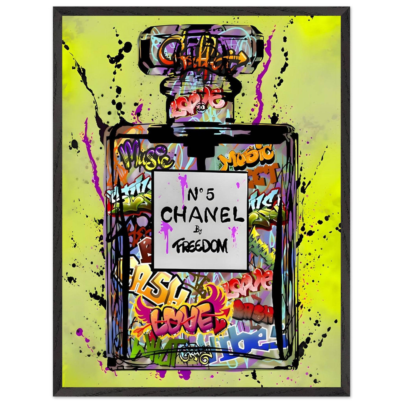 Coco Chanel No. 5 Graffiti Art Print - Vibrant Street Style Perfume Bottle Framed Wall Art - Vibrantwalls