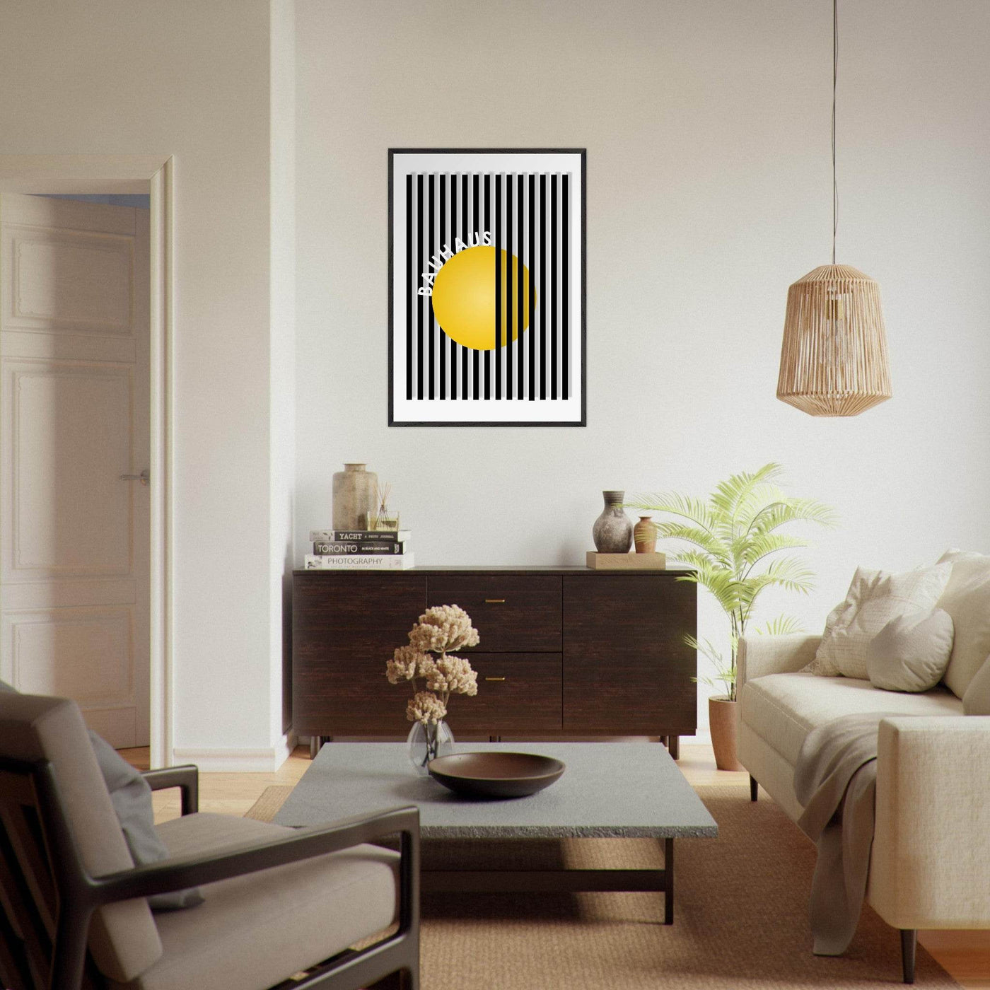 Bauhaus Yellow Circle Wall Art with Modern Stripes - Vibrantwalls