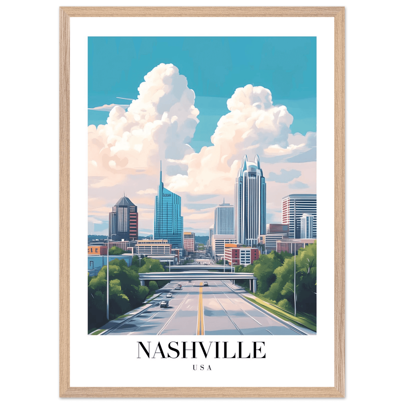 Nashville USA Cityscape Framed Poster – Modern Travel Wall Art with Wooden Frame & Your Choice of Size - Vibrantwalls