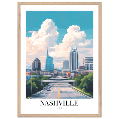 Nashville USA Cityscape Framed Poster – Modern Travel Wall Art with Wooden Frame & Your Choice of Size - Vibrantwalls