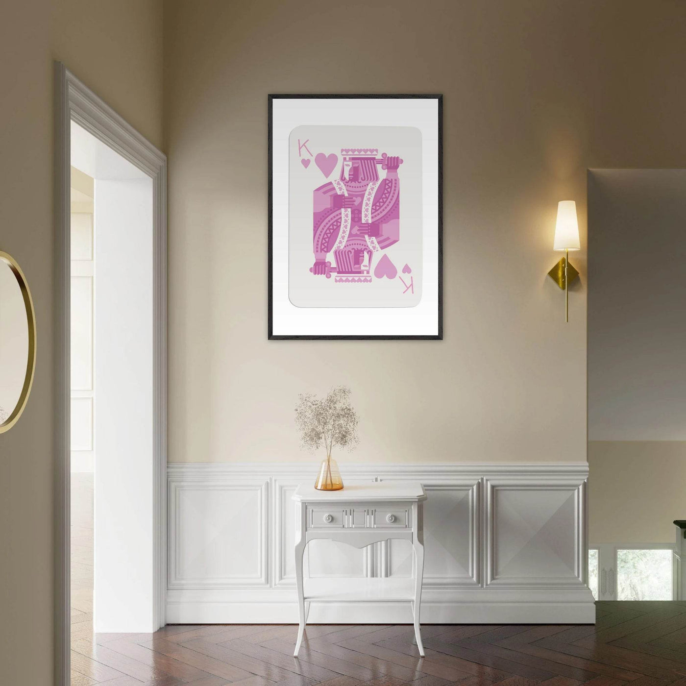 King of Hearts Modern Pink Poker Card Art - Mounted Framed Poster, Eco-Friendly Wood Frame - Vibrantwalls